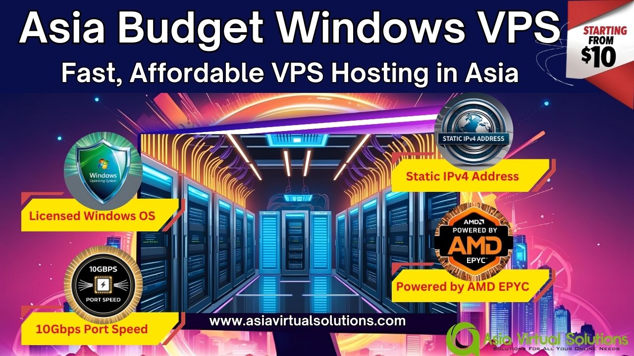 Promotional banner for "Asia Budget Windows VPS 10G" featuring AMD EPYC processors, 10Gbps port speed, and static IPv4. Experience rapid VPS hosting in Asia with prices starting at just $10.