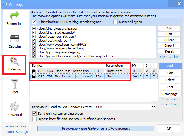 Major Upgrade: GSA SER VPS is Now Fully All-Inclusive! 4 Screenshot of a software settings window displaying indexing options for backlinks on a GSA SER VPS. It includes various URL services with settings such as submission, filter, and proxy information.