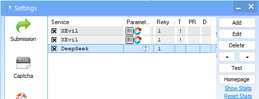 Major Upgrade: GSA SER VPS is Now Fully All-Inclusive! 3 Screenshot of a software settings window with services listed as XEvil and DeepSeek on a GSA SER VPS. Each service offers parameters like retry, T, PR, and D. Options to add, edit, or delete entries are conveniently located on the right.
