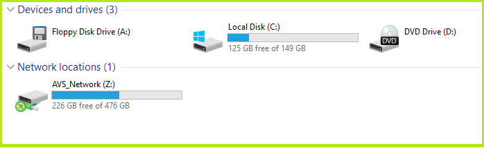 Major Upgrade: GSA SER VPS is Now Fully All-Inclusive! 6 Screenshot showing devices and drives: Floppy Disk (A:), Local Disk (C:) with 125 GB free, DVD Drive (D:), and network location AVS_Network (Z:) with 226 GB free. This setup is ideal for running GSA SER on a VPS, ensuring seamless access and storage versatility.