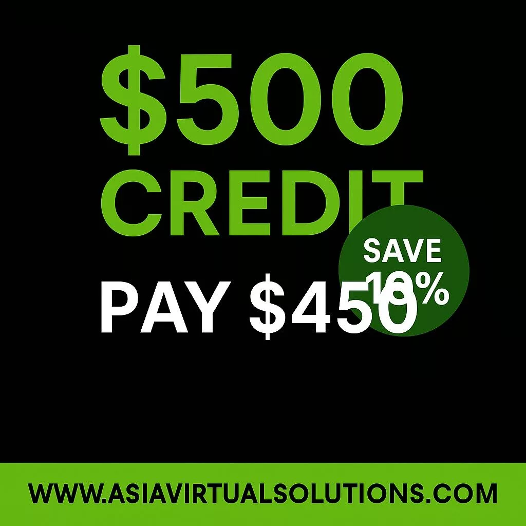 스토어 크레딧 – 최대 30%를 즉시 할인받으세요 5 $45를 $500 스토어 크레딧으로 즉시 할인받을 수 있는 프로모션 그래픽으로, 웹사이트 www.asiavirtualsolutions.com이 소개되어 있습니다.
