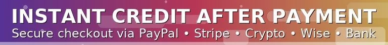 Banner with text: "Store Credit – Save Up to 30% Instantly. Get instant credit after payment. Secure checkout via PayPal, Stripe, Crypto, Wise, Bank." on a colorful gradient background.