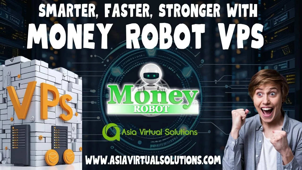 Promotional image for Money Robot VPS – High-Speed Windows VPS Optimized for Money Robot Submitter by Asia Virtual Solutions, featuring a robot, server room background, and a person celebrating the power and efficiency.