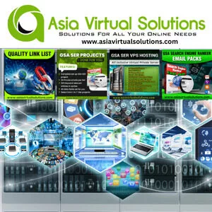Promotional graphic for Asia Virtual Solutions displaying services like quality link lists, GSA SER projects, VPS hosting, and email packs with digital and tech-themed visuals.