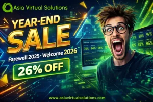 Colorful fireworks light up the night sky with text celebrating a 26% year-end discount from Asia Virtual Solutions—marking the transition to happey 2026!.
