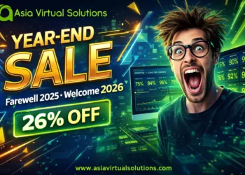 ایشیا ورچوئل سلوشنز کی جانب سے سال کے آخر میں 26% ڈسکاؤنٹ کا جشن منانے والے متن کے ساتھ رنگ برنگی آتش بازی رات کے آسمان کو روشن کرتی ہے۔.