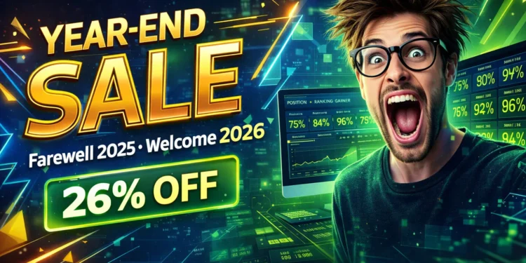 ایشیا ورچوئل سلوشنز کی جانب سے سال کے آخر میں 26% ڈسکاؤنٹ کا جشن منانے والے متن کے ساتھ رنگ برنگی آتش بازی رات کے آسمان کو روشن کرتی ہے۔.