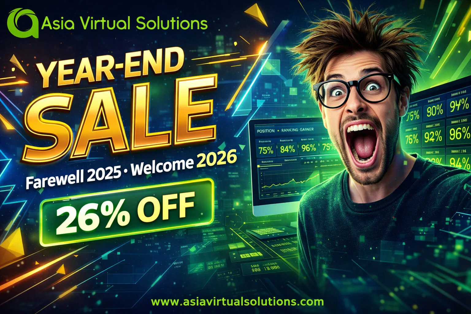 Asia Virtual Solutions – Công cụ SEO & Dịch vụ GSA SER 80 Pháo hoa rực rỡ thắp sáng bầu trời đêm cùng dòng chữ chúc mừng chương trình giảm giá cuối năm 26% từ Asia Virtual Solutions — đánh dấu sự chuyển mình sang năm 2026 hạnh phúc!.