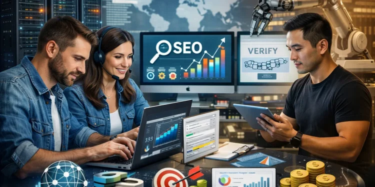 Three people work with laptops and tablets in a high-tech office, surrounded by SEO graphics, charts, coins, and a robotic arm. "Asia Virtual Solutions" branding and references to SEO collaboration guidelines are clearly visible.