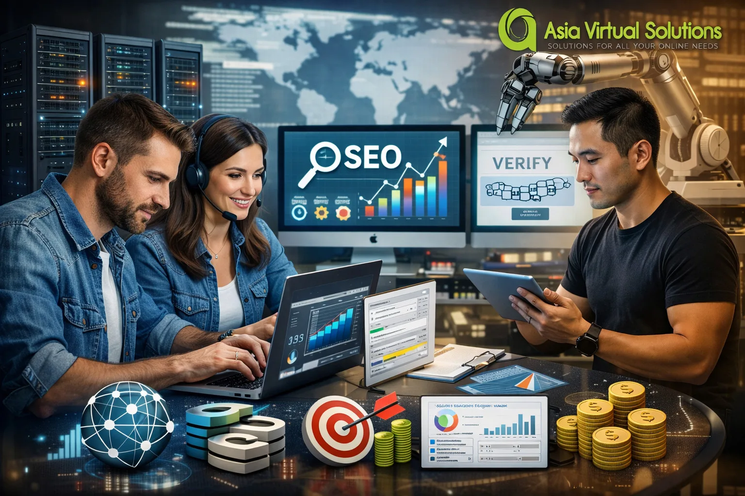 Đóng góp hoặc hợp tác với Asia Virtual Solutions 2 Các chuyên gia SEO làm việc với máy tính xách tay, biểu đồ và công cụ tự động hóa trong một văn phòng hiện đại.