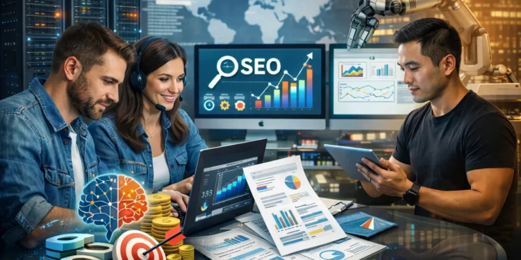 Three people collaborate with digital devices and documents displaying SEO and data analytics, following SEO collaboration guidelines, with charts on screens and a robot arm in a modern office. Asia Virtual Solutions logo is visible.