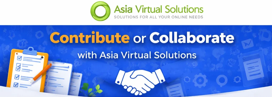Gráfico promocional da Asia Virtual Solutions, apresentando listas de verificação, documentos, um aperto de mãos e ícones de SEO, com o texto "Contribua ou colabore com a Asia Virtual Solutions" — destacando nossas diretrizes de colaboração em SEO.