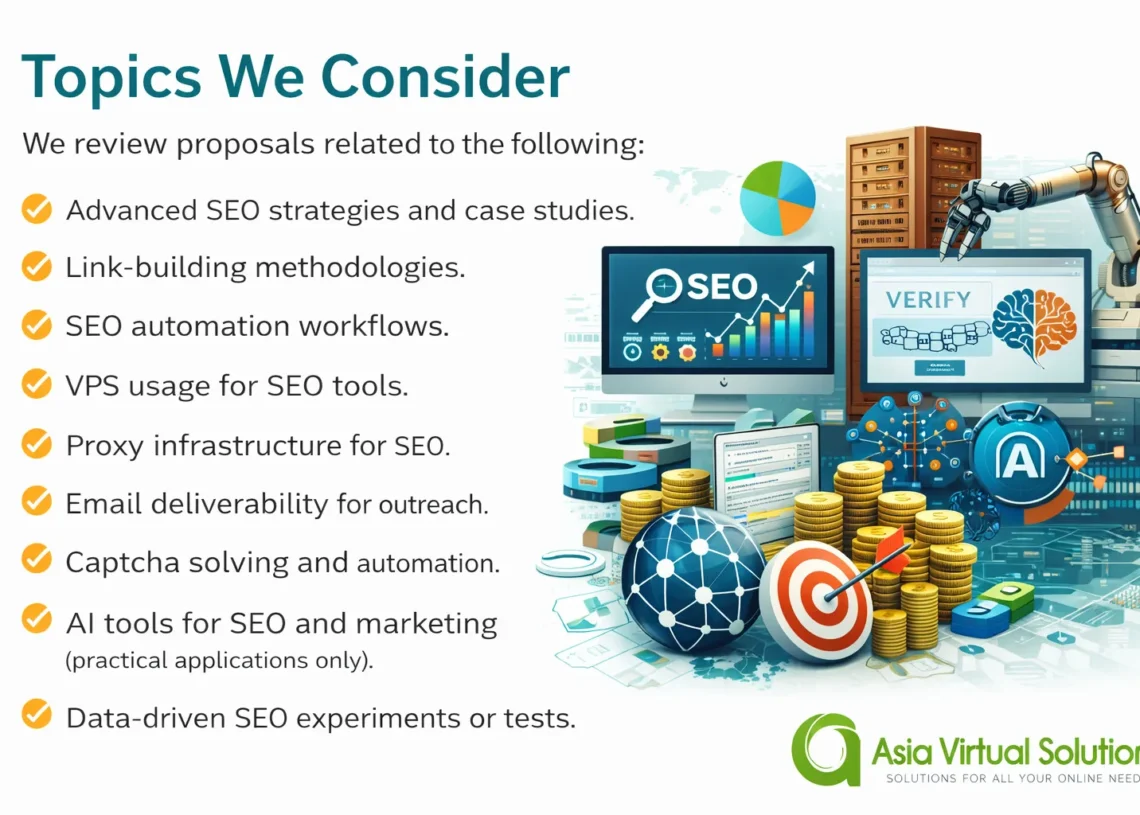 A list of SEO-related topics appears beside digital marketing imagery, with icons of graphs, servers, and analytics. SEO collaboration guidelines are highlighted. The Asia Virtual Solutions logo is displayed at the bottom right.