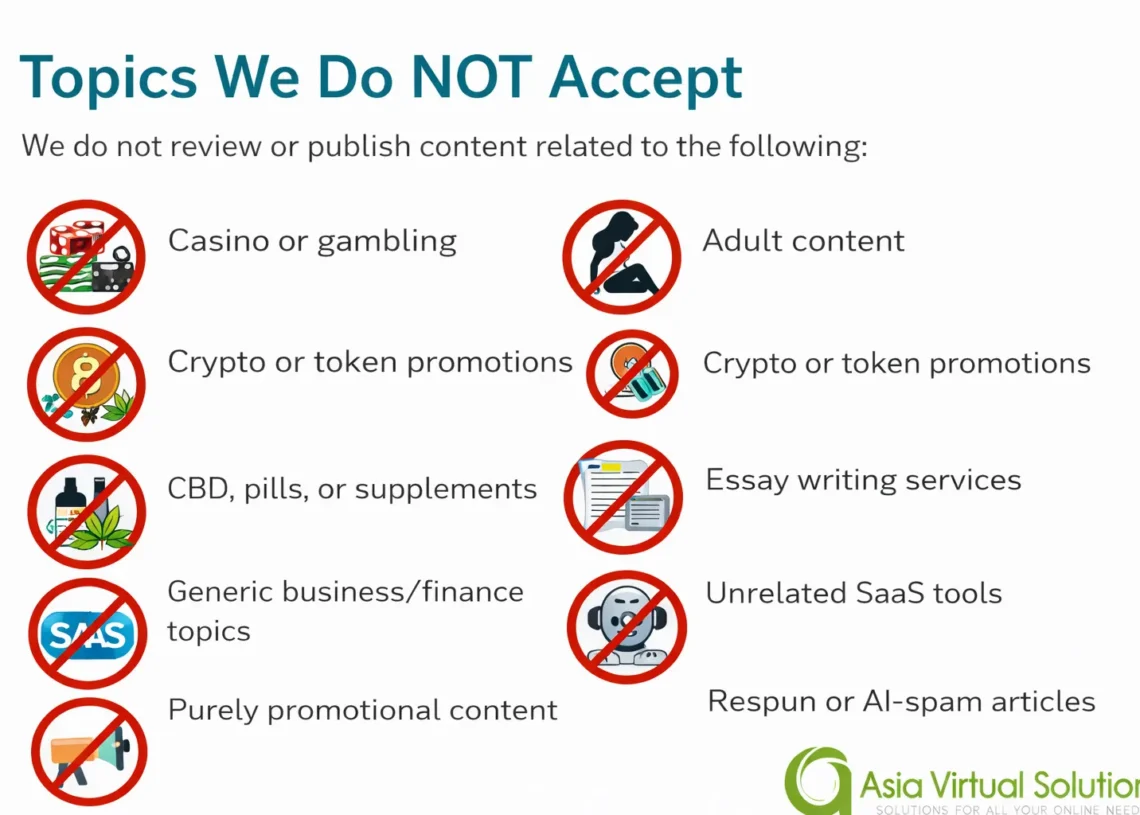 A list titled "Topics We Do NOT Accept," featuring icons for banned content—like gambling, adult content, crypto, CBD, essays, SaaS tools, promos, and AI-spun articles—aligned with our SEO collaboration guidelines.