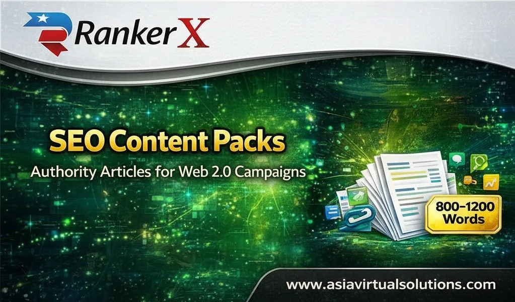 Banner for "RankerX SEO Content Packs – Authority Article Bundle" featuring content authority articles for Web 2.0 campaigns, with a stack of papers marked "800–1200 Words" on a green digital background.
