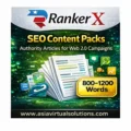 Promote "RankerX SEO Content Packs – Authority Article Bundle" by asiavirtualsolutions.com for web campaigns. Features 800–1200 word authority articles. Icons depict SEO, writing, and analytics.