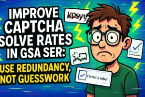 A cartoon person looks worried surrounded by CAPTCHA challenges, with text: "Boost your CAPTCHA solve rates in GSA SER: Rely on redundancy, not guesswork.