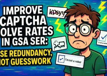 A cartoon person looks worried surrounded by CAPTCHA challenges, with text: "Boost your CAPTCHA solve rates in GSA SER: Rely on redundancy, not guesswork.