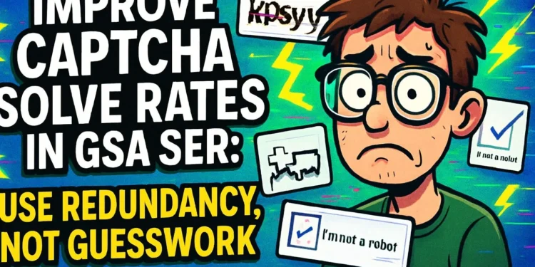 A cartoon person looks worried surrounded by CAPTCHA challenges, with text: "Boost your CAPTCHA solve rates in GSA SER: Rely on redundancy, not guesswork.