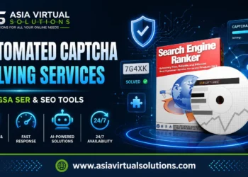 Promotional image for Asia Virtual Solutions advertising its automated captcha solving service for GSA SER and SEO tools, highlighting speed, AI technology, and reliable 24/7 availability.