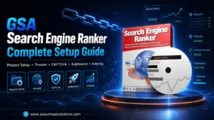GSA Search Engine Ranker Complete Setup Guide cover, CD, and icons for project setup, proxies, CAPTCHA, submission, and indexing; data charts and website link in background—your essential GSA Guide for mastering every feature.