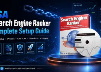 GSA Search Engine Ranker Complete Setup Guide cover, CD, and icons for project setup, proxies, CAPTCHA, submission, and indexing; data charts and website link in background—your essential GSA Guide for mastering every feature.