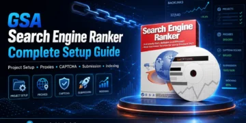 GSA Search Engine Ranker Complete Setup Guide cover, CD, and icons for project setup, proxies, CAPTCHA, submission, and indexing; data charts and website link in background—your essential GSA Guide for mastering every feature.
