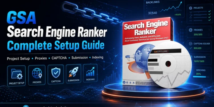 GSA Search Engine Ranker Complete Setup Guide cover, CD, and icons for project setup, proxies, CAPTCHA, submission, and indexing; data charts and website link in background—your essential GSA Guide for mastering every feature.