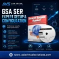 Promotional graphic for the GSA SER Expert Setup, Configuration & Troubleshooting — 1 Hour Hands-On Session by Asia Virtual Solutions, showcasing expert support, top performance, and robust security.