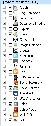 In GSA SER 2026 verschijnt een checklistmenu met de titel "Waar in te dienen" met opties zoals Artikel, Blogreactie, Forum, Gastenboek, RSS, Sociaal netwerk, Video en Wiki. "Forum" is geselecteerd.