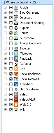 Een checklist met de titel "Waar in te dienen" voor GSA SER 2026 bevat opties zoals Artikel, Blogreactie, Gids, Forum, RSS, Video, Sociaal netwerk en Wiki, waarbij sommige vakjes aangevinkt en andere niet.