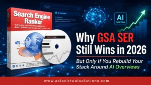 Promotiebanner voor GSA SER 2026, die de relevantie ervan in 2026 benadrukt met overzichten van AI; met een afbeelding van de productverpakking en de website-URL.