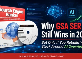 Promotiebanner voor GSA SER 2026, die de relevantie ervan in 2026 benadrukt met overzichten van AI; met een afbeelding van de productverpakking en de website-URL.