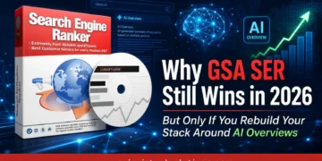 Promotiebanner voor GSA SER 2026, die de relevantie ervan in 2026 benadrukt met overzichten van AI; met een afbeelding van de productverpakking en de website-URL.