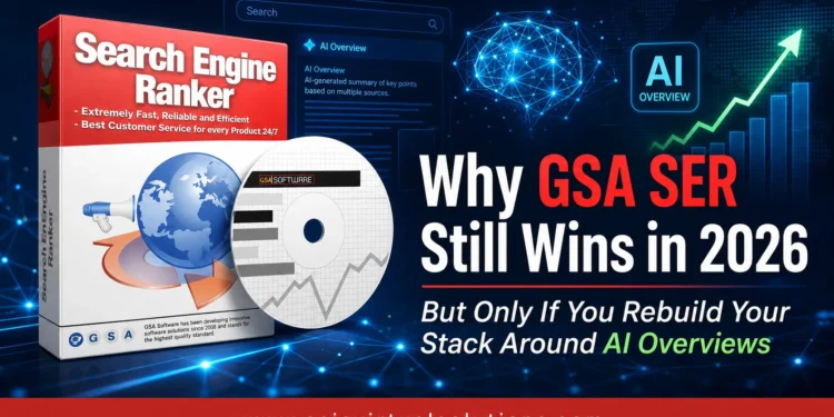 Promotiebanner voor GSA SER 2026, die de relevantie ervan in 2026 benadrukt met overzichten van AI; met een afbeelding van de productverpakking en de website-URL.