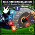 Цифровая графика, рекламирующая многоплатформенные SEO-обратные ссылки, с иконками социальных сетей, спидометром и веб-сайтом asiavirtualsolutions.com.