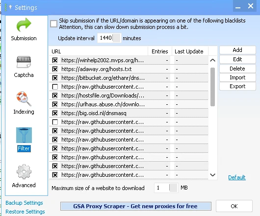 GSA Search Engine Ranker filter settings showing the blacklist URL sources used to skip bad domains