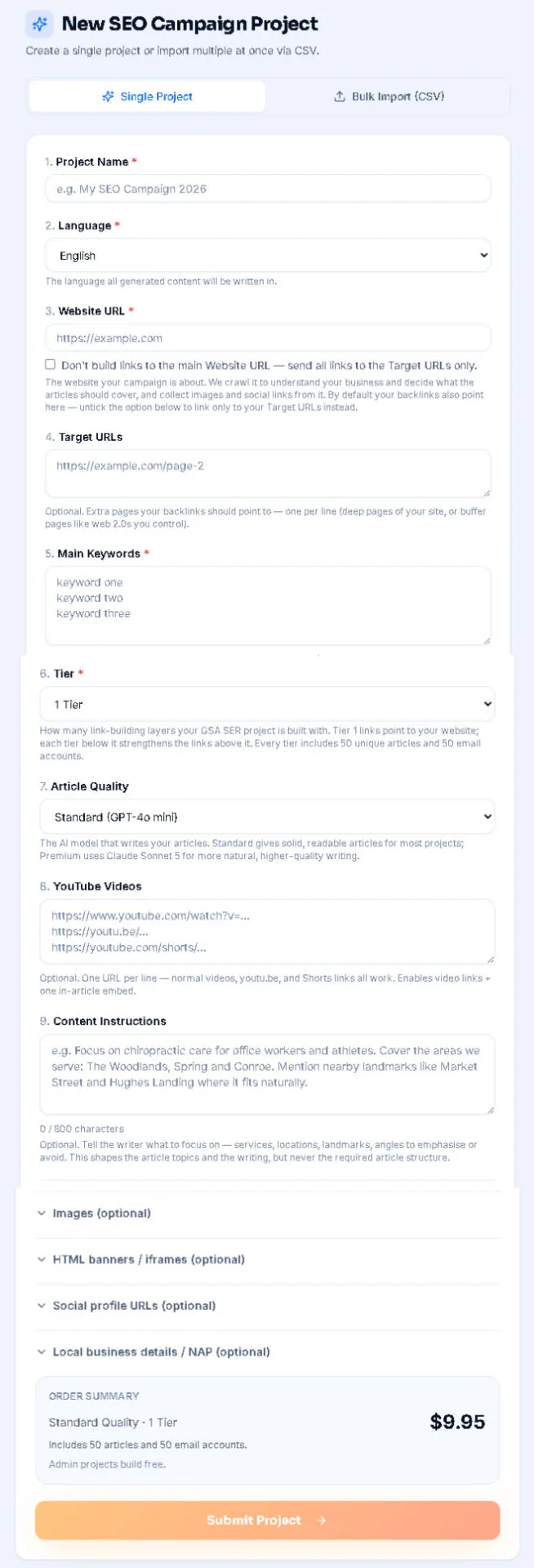 GSA SER Builder Is One Month Old — Here Is Everything We Added 3 Full GSA SER Builder order form showing Content Instructions, Target URLs, local business details and order summary