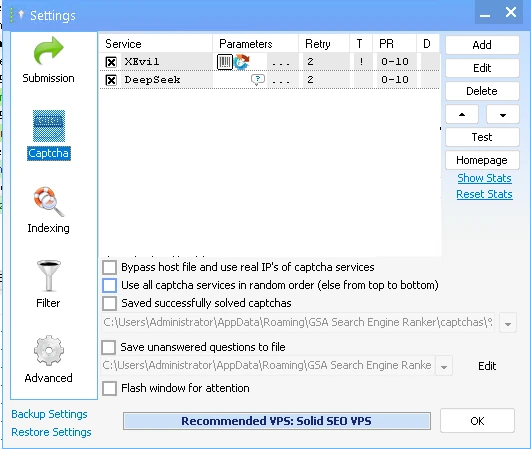 GSA Search Engine Ranker captcha settings showing XEvil and DeepSeek configured as captcha services with retry counts