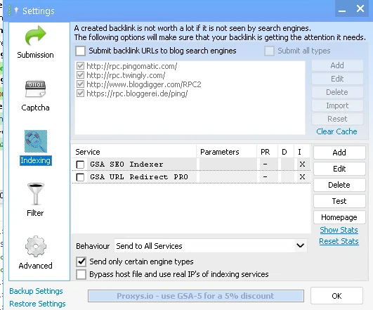 GSA Search Engine Ranker indexing settings showing ping services and indexing service options