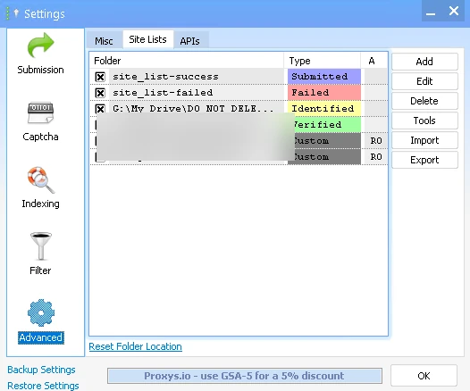 GSA Search Engine Ranker site lists settings showing identified, submitted, verified and failed list folders