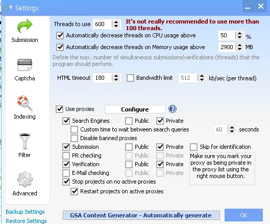 Configurações de submissão do GSA Search Engine Ranker, mostrando a contagem de threads, a configuração de proxy e as opções de proxy por tarefa.