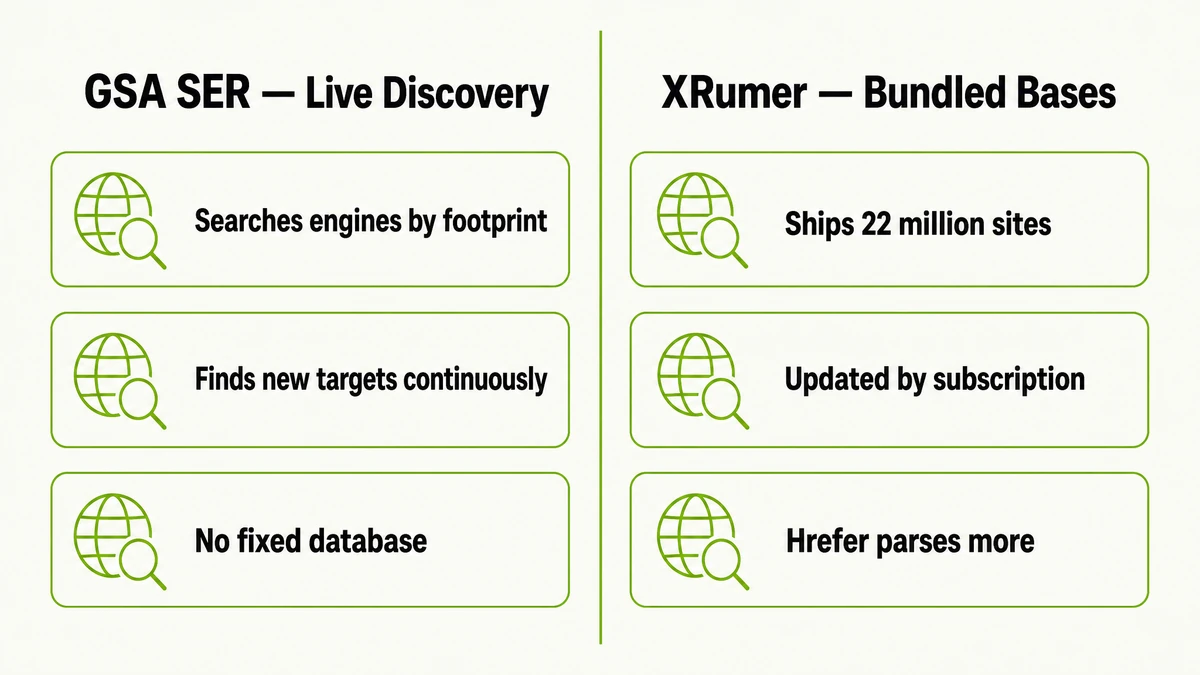 How GSA SER and XRumer find link targets: GSA SER searches engines by footprint continuously with no fixed database, XRumer ships 22 million bundled sites updated by subscription