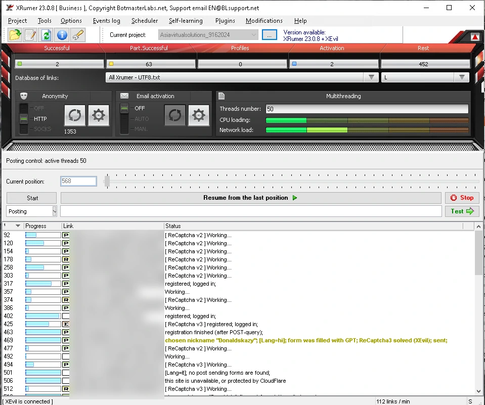 XRumer 23.0.8 Business main window running a live posting campaign at 112 links per minute with 50 threads, XEvil connected and GPT filling forms
