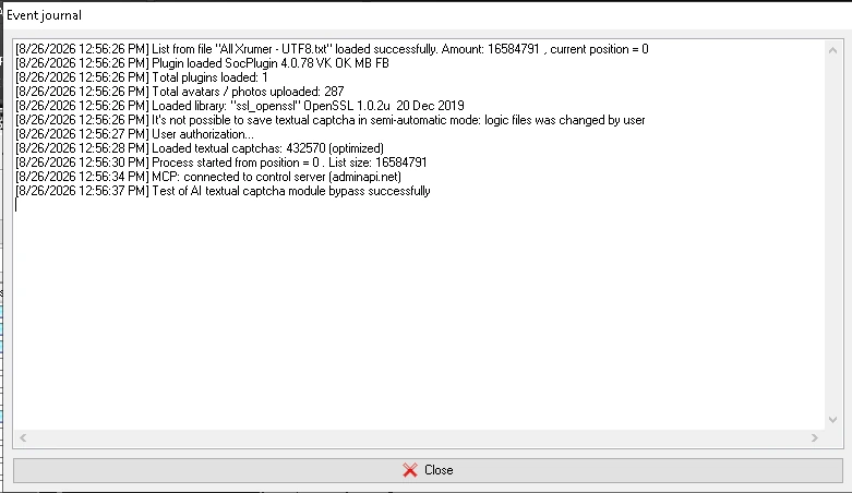 XRumer event journal showing the MCP connector connected to the control server, 432,570 text captchas loaded and the AI text captcha module test passing