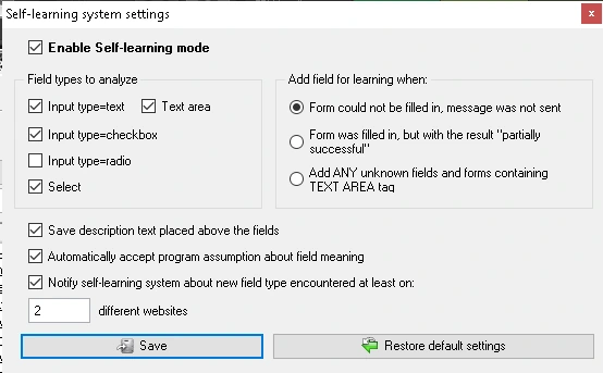 XRumer self-learning system settings with field types to analyse, rules for when to add a field for learning, and automatic acceptance of field meanings