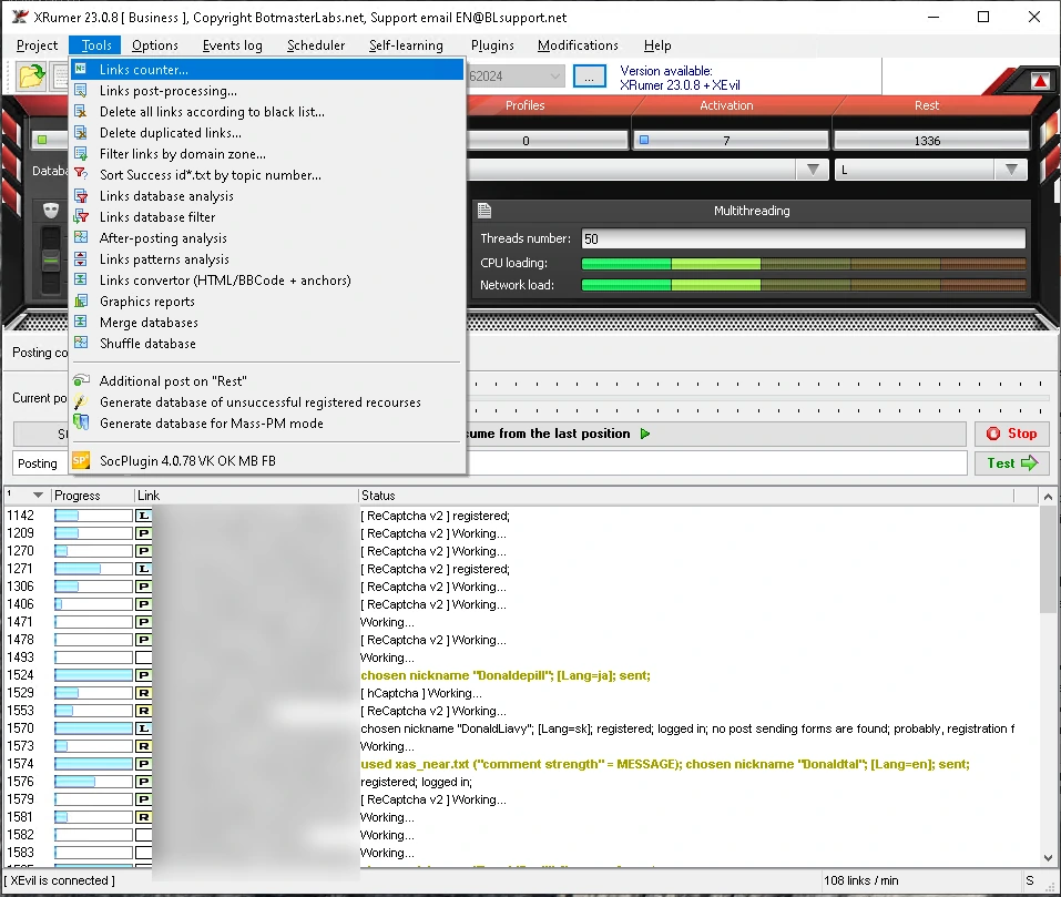 XRumer Tools menu showing links counter, database analysis, link filters, after-posting analysis, patterns analysis, graphics reports and Mass-PM database tools