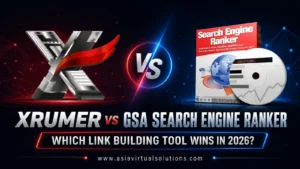 XRumer vs GSA Search Engine Ranker — which link building tool wins in 2026, showing the XRumer logo beside the GSA Search Engine Ranker software box