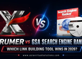 XRumer เทียบกับ GSA Search Engine Ranker — เครื่องมือสร้างลิงก์ใดจะชนะในปี 2026 โดยแสดงโลโก้ XRumer อยู่ข้างกล่องซอฟต์แวร์ GSA Search Engine Ranker
