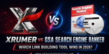 XRumer vs GSA Search Engine Ranker — which link building tool wins in 2026, showing the XRumer logo beside the GSA Search Engine Ranker software box
